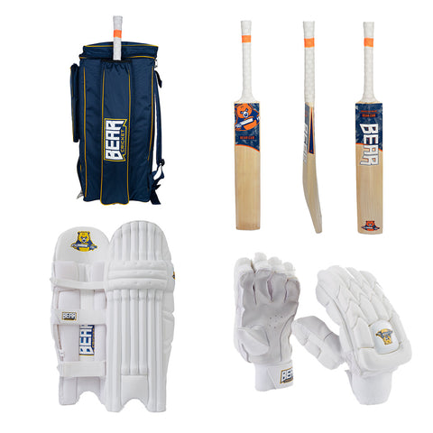 The Bear Cub Cricket Bat (Harrow / Size 6), Pads (Pro), Gloves (Pro) and Bag Bundle